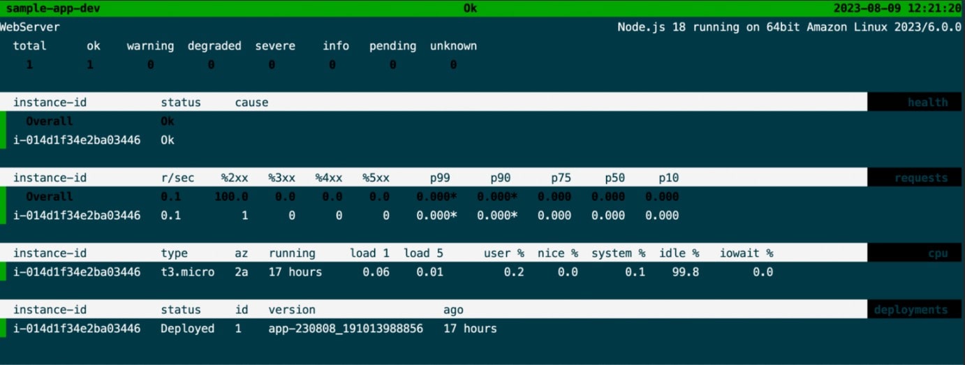 Terminal-style monitoring dashboard showing a healthy Node.js 18 web server on an Amazon Linux EC2 instance with OK status, low CPU load, and successful deployment.