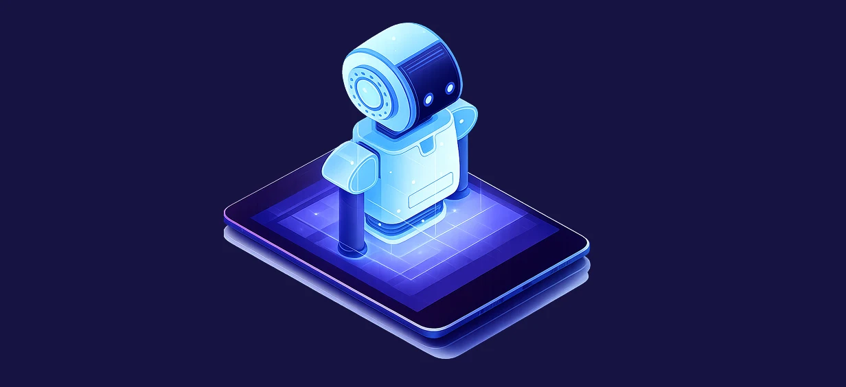 Futuristic AI robot on a digital platform representing artificial intelligence and automation.