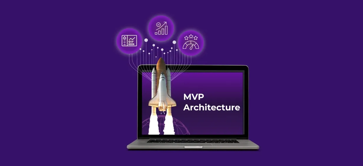 Startup MVP architecture illustration with rocket and analytics icons.
