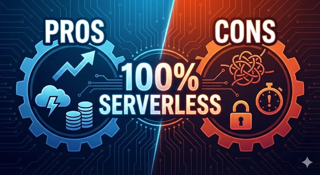 Pros and cons of a 100% serverless architecture highlighting benefits and trade-offs.