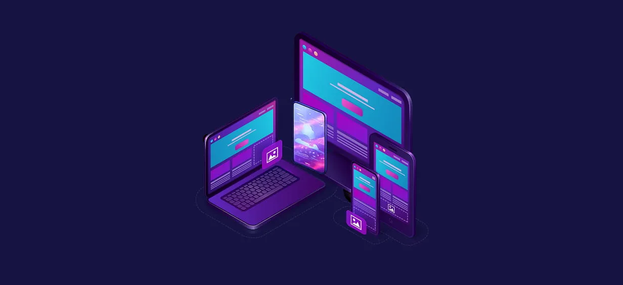 Responsive web development illustration showing cross-device software design on laptop, tablet, and mobile screens.
