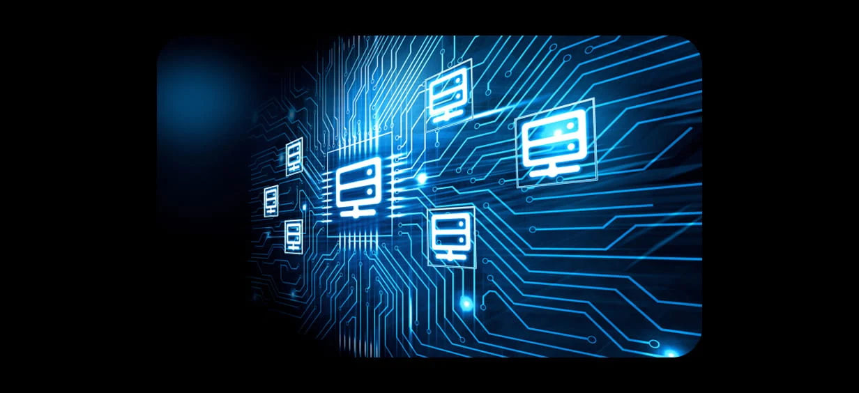 Digital network concept with interconnected computer icons over a glowing circuit board background.