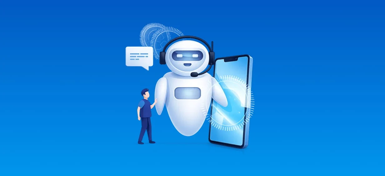 Friendly AI assistant robot beside a smartphone, representing adaptive AI agents for modern workflows.