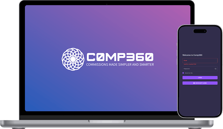 COMP360 platform shown on laptop and mobile screens with modern gradient branding.