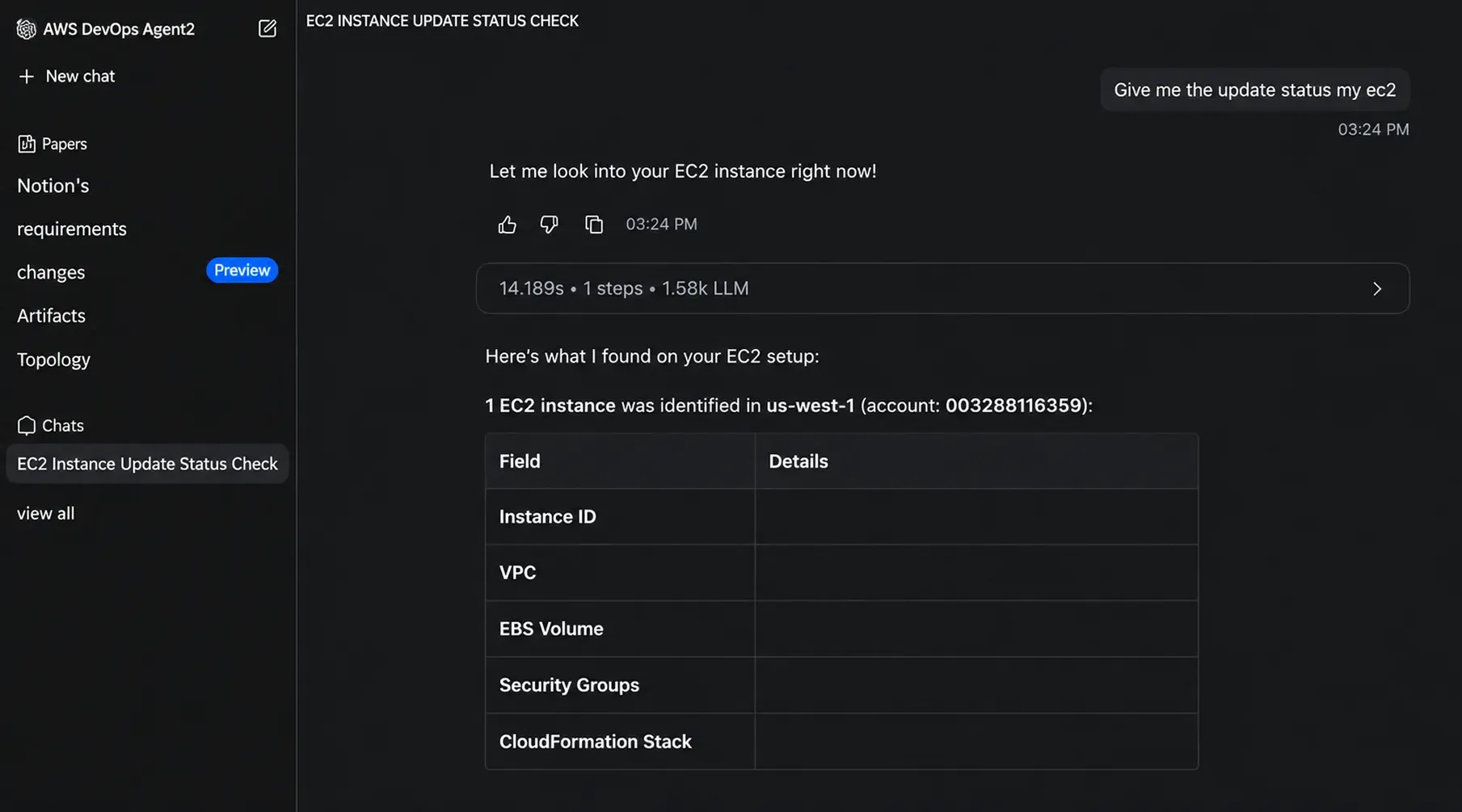 AWS DevOps Agent web app investigation interface