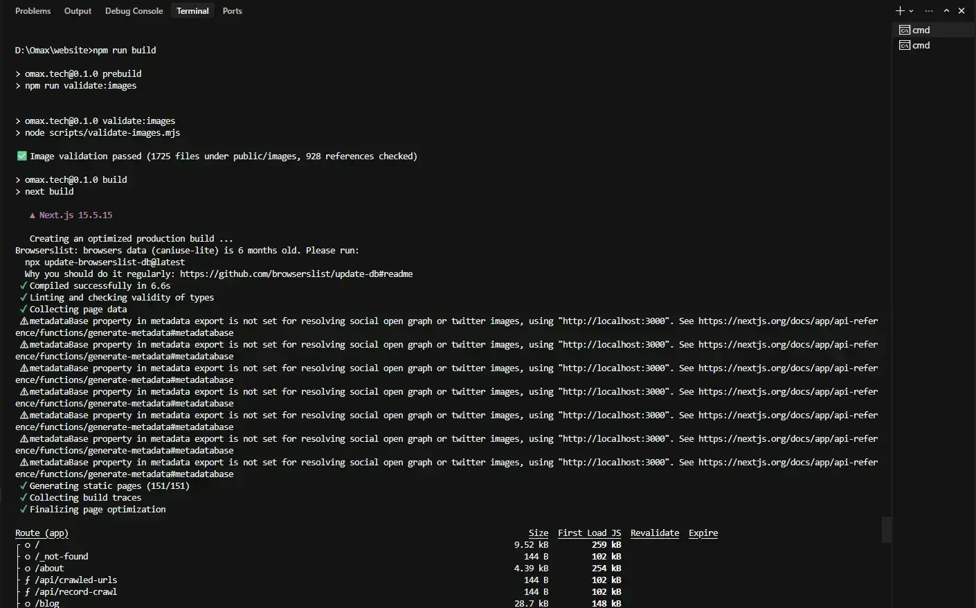 Terminal output showing a failed pre-build image validation that lists missing local assets and stops the build
