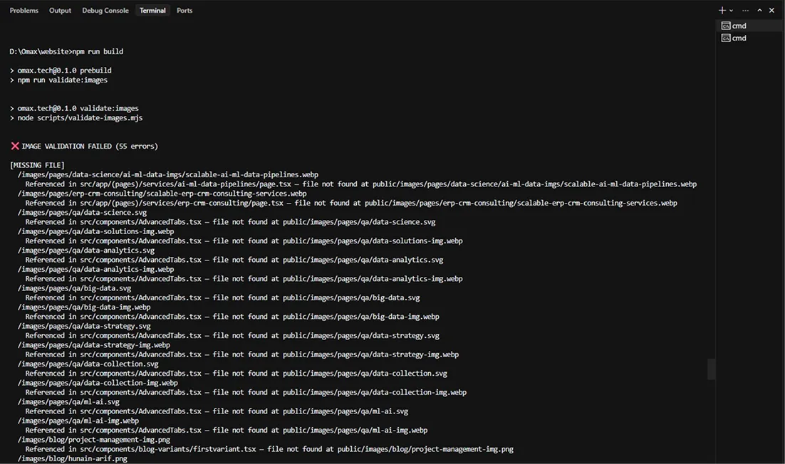 Terminal output showing a successful image validation running before the Next.js production build
