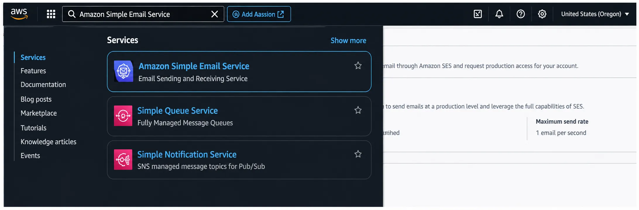 AWS Management Console search for Amazon Simple Email Service SES setup