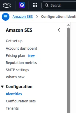 AWS SES console left navigation sidebar selecting Identities configuration