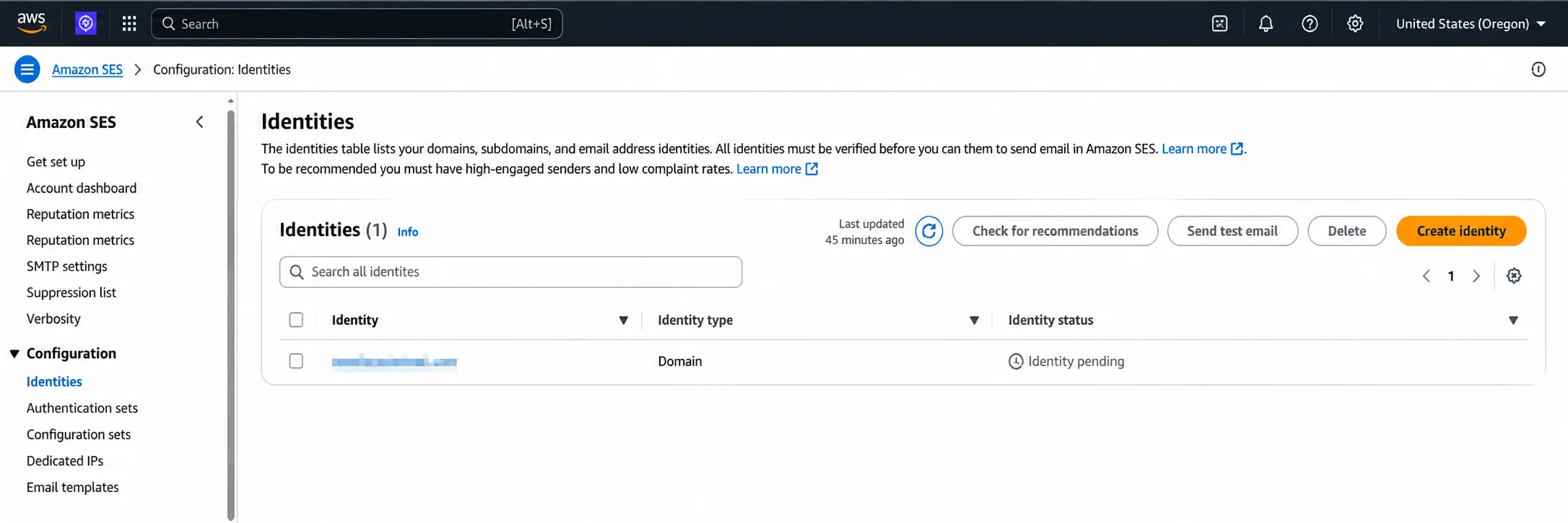 AWS SES Create identity button for domain email setup