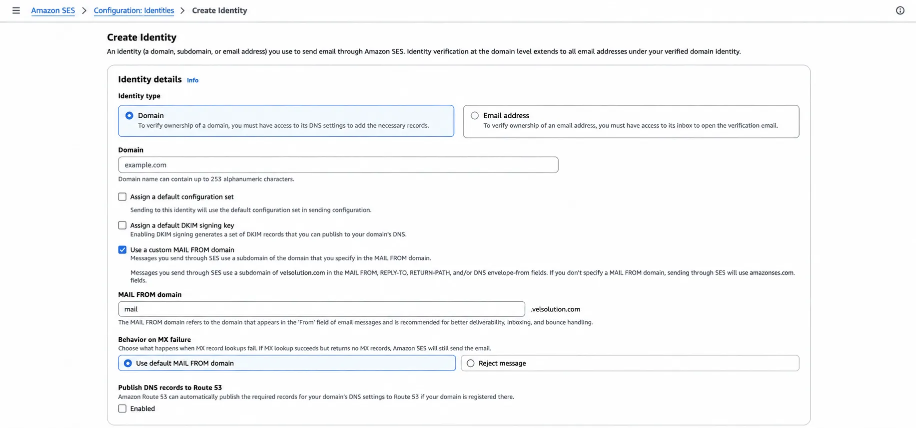 AWS SES domain identity configuration with custom MAIL FROM and DKIM settings