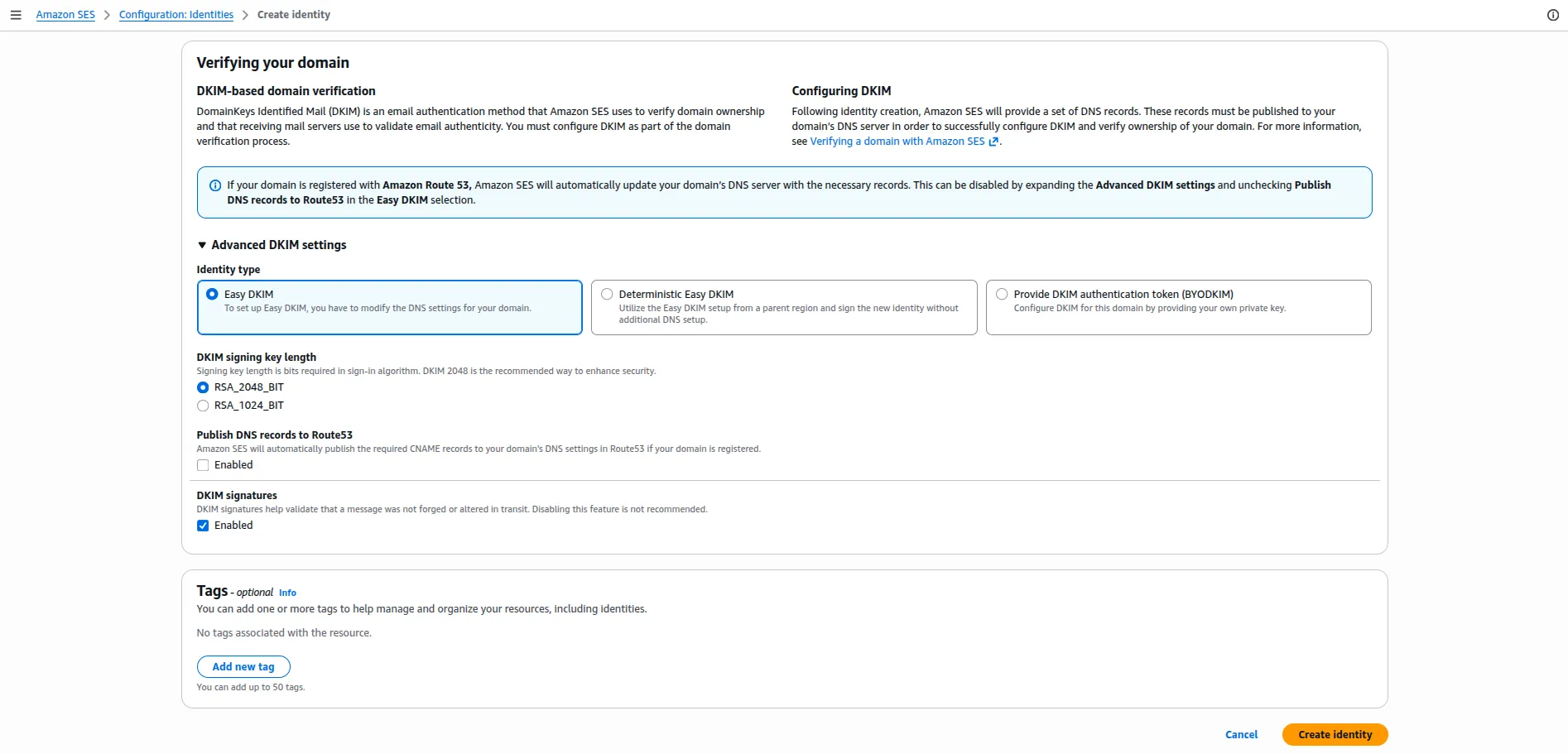 AWS SES Easy DKIM signing key length RSA 2048 bit configuration