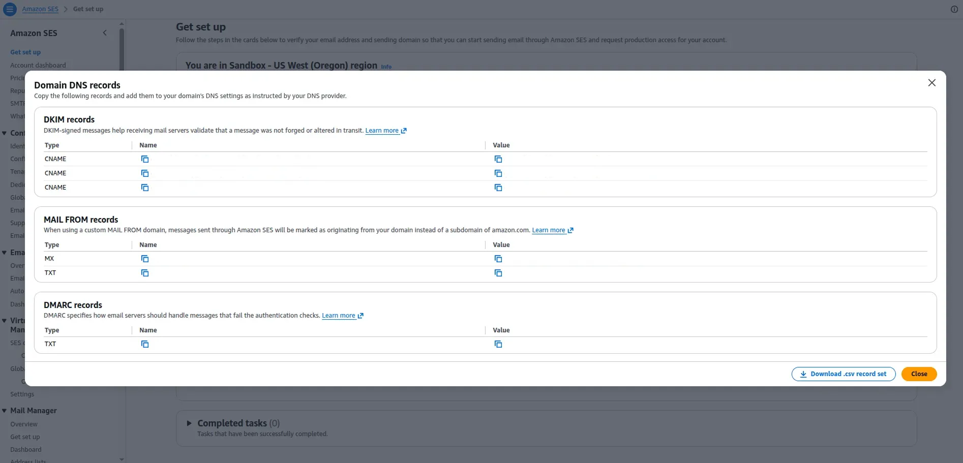 AWS SES generated CNAME MX and TXT DNS records for email authentication