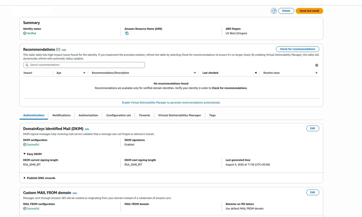 AWS SES verified domain identity status with DKIM and MAIL FROM successful