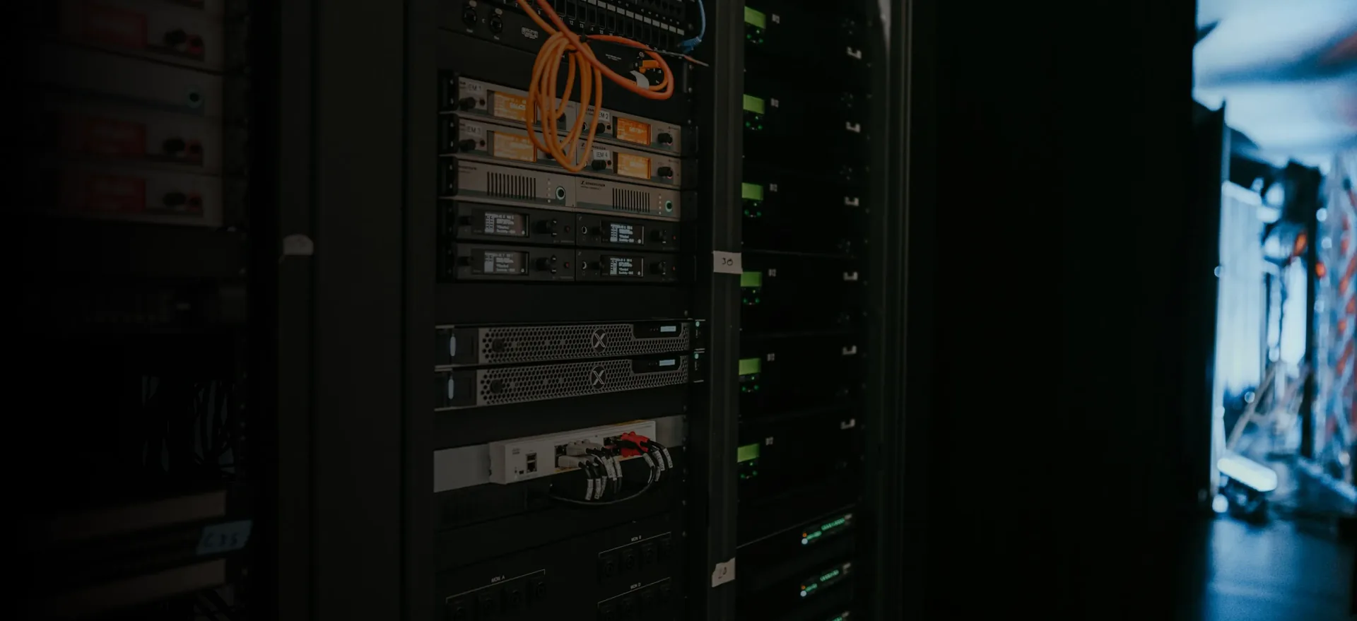 Futuristic cloud computing illustration with glowing data and AI-powered server floating in a digital neon environment.