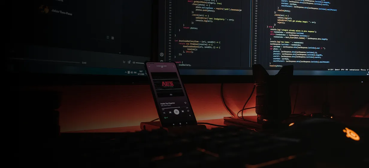 Responsive web development illustration showing cross-device software design on laptop, tablet, and mobile screens.